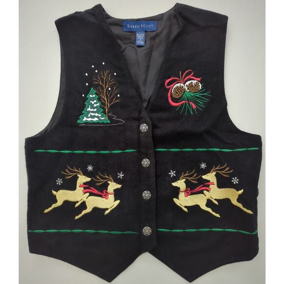 Karen Scott VTG Embroidered Holiday Button Vest Black Reindeer Tree Pinecone Med - Picture 1 of 8